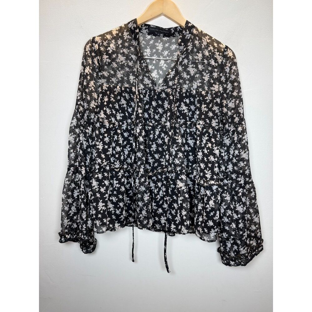 English Factory Women's Size XS Black Floral Blouse Top Long Sleeve